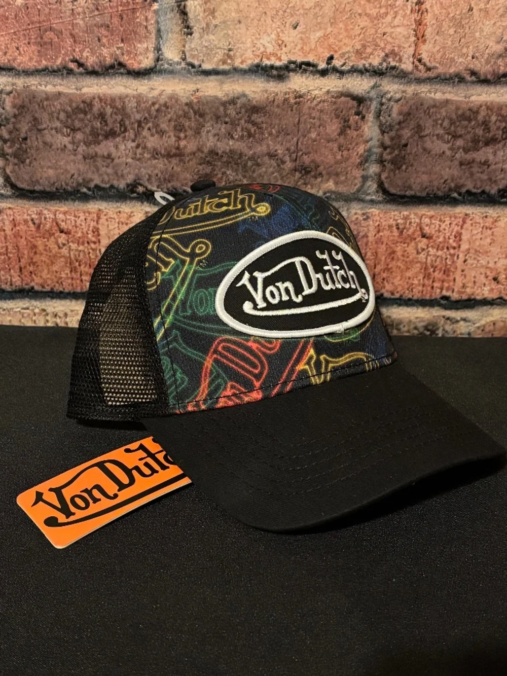 Von Dutch Neon Logo Print Trucker Hat with Flying Eyeball Patch